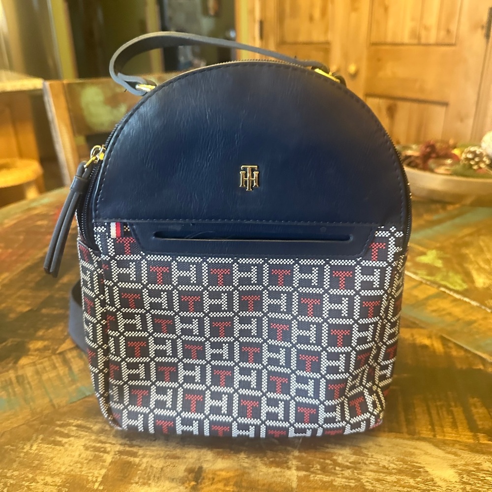 Tommy Hilfiger Mini Back Pack  Navy and Red TH Monogram Excellent Condition.